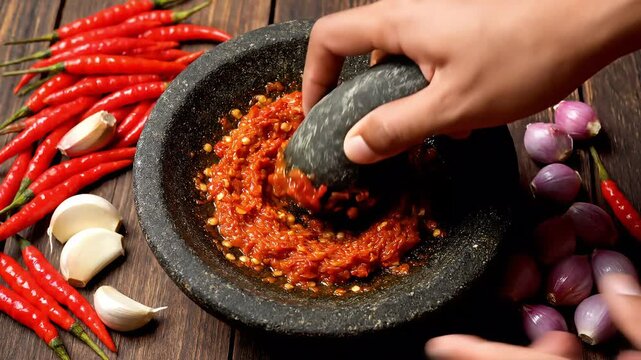 Fresh Red Chili Paste Being Ground in Stone Mortar