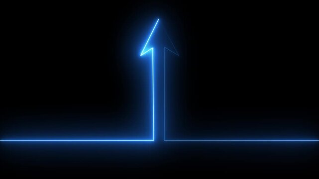Neon up direction arrow icon animation with blue color.Blue neon arrow on black background