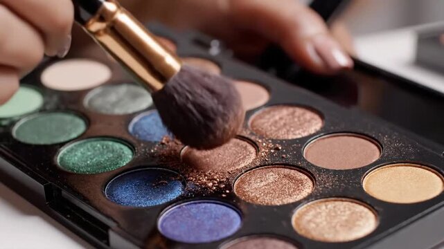 Applying eye makeup using a brush on a colorful eyeshadow palette in a bright room