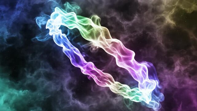 Vibrant gaseous ring of iridescent fluid energy flows through a dark, nebulous space, creating an ethereal abstract portal.