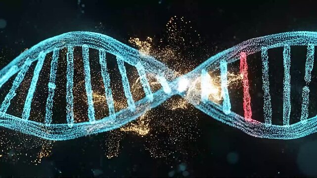 Abstract glowing DNA double helix structure with a bright energy pulse and genetic mutation highlighted in red on a dark background