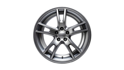 Obraz premium Detailed, isolated shot of a modern, multi-spoke automotive alloy wheel against black