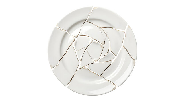 Top view of a white ceramic plate broken into multiple pieces and reassembled with visible gold lines, isolated PNG with Transparent Background
