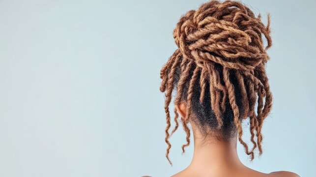 Close up back view showing gorgeous coily brown locs pulled into a high bun. Natural healthy hair texture against a light blue backdrop.