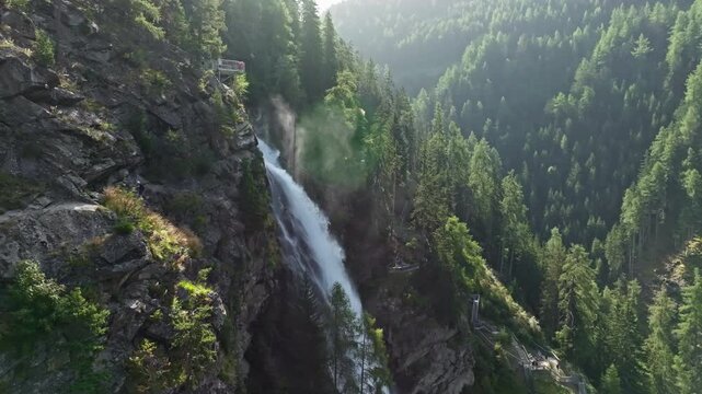 Aerial view of Stuibenfall waterfall in the Alps Austria. Travel Europe mountain adventures.
