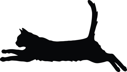Black vector silhouette of a domestic cat jumping or leaping in mid air for pet agility animal action feline health and veterinary branding(24words) © MstRupali