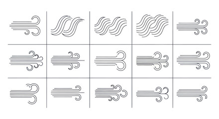 Collection of stylized wind icons representing different wind strengths and patterns. © Gajah