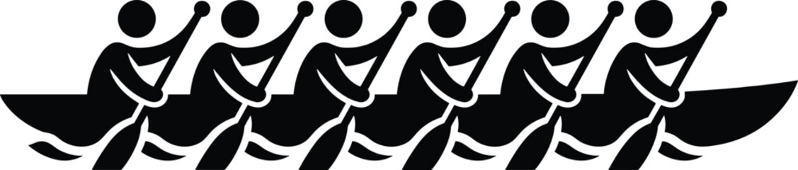 Black vector silhouette of a dragon boat rowing team with six athletes paddling in unison for competitive sports teamwork and water recreation designs © MstRupali