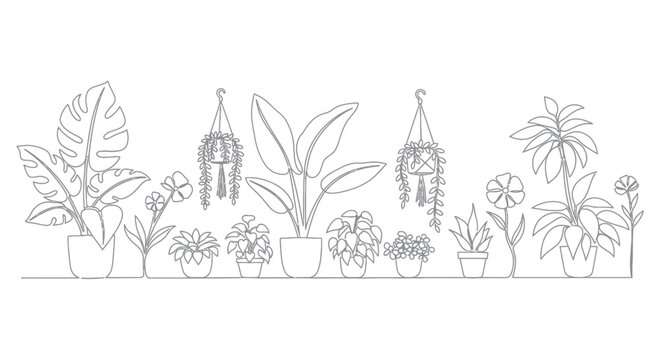 Continuous line drawing of various potted houseplants and hanging plants.