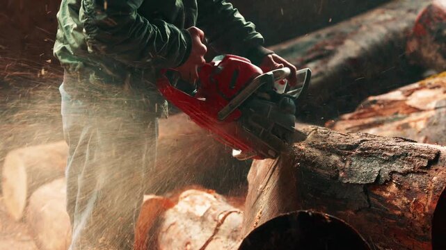 Closeup shows man holding red chainsaw slicing through thick tree bark with bright wood chips flying in sunlight.
