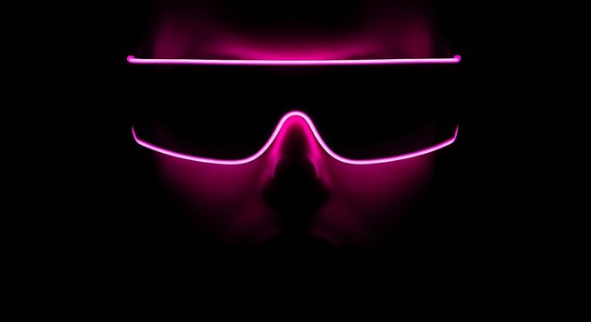 Person wearing futuristic glowing neon pink glasses against a dark background, representing technology, cyberpunk, and nightlife. Next Generation Interior Concept &ndash; Premium Visual Design