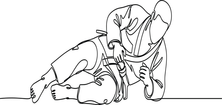 Brazilian Jiu Jitsu Fighters Grappling Continuous One Line Drawing Martial Arts Ground Fighting Minimalist Vector Illustration