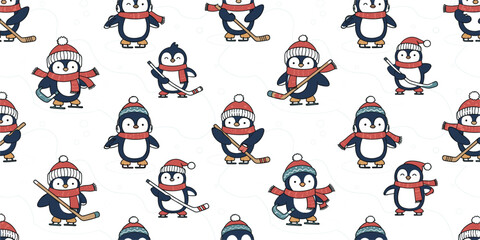 Cute Penguin Hockey Seamless Pattern with Winter Cartoon Penguins Playing Ice Hockey Festive Holiday Background Flat Vector Illustration © Ruma