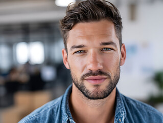 Obraz premium Young Man With Light Brown Hair and Beard Poses for a Picture in a Modern Office Setting During Daytime Hours