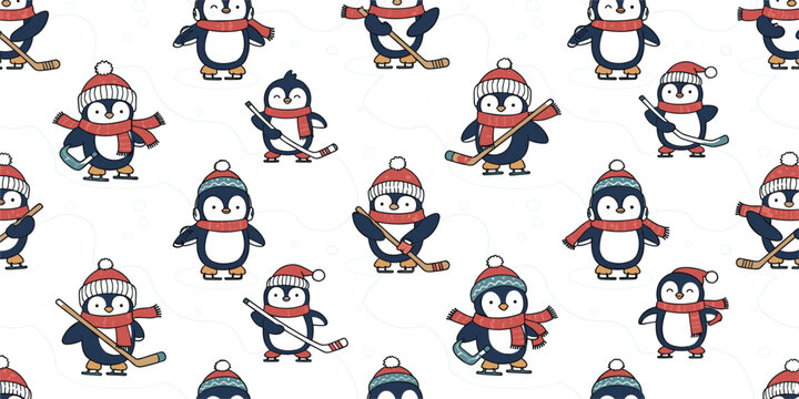 Cute Penguin Hockey Seamless Pattern with Winter Cartoon Penguins Playing Ice Hockey Festive Holiday Background Flat Vector Illustration