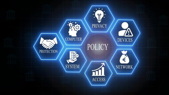 Cybersecurity policy infographic with for privacy protection network access devices system computer