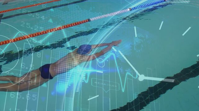 Male swimmer gliding then starting freestyle down pool, sports HUD with clock hands tracking timing