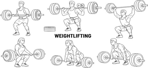 Naklejka premium PrintWeightlifting Athletes Performing Barbell Exercises Strength Training and Powerlifting Poses Hand Drawn Outline Vector Illustration Set