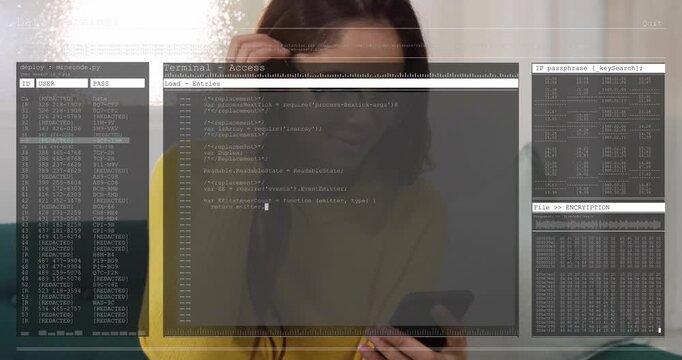Woman tapping phone and initiating terminal overlay while code updating and accessing tech data