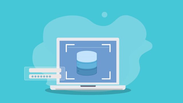 Flat animation of a laptop scanning database with focus frame, representing cybersecurity, data monitoring, secure storage, and digital technology protection concept.