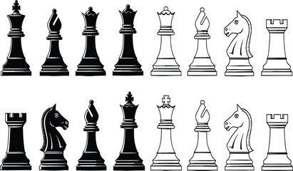 Stylized collection of black and white chess pieces including king, queen, bishop, knight, and rook for strategic design themes © Moshraful