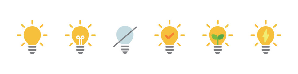 電球の点灯と消灯やエコとチェックマークのアイコンセット(ベクター)