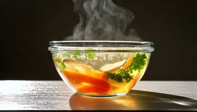 A clear glass bowl of hot, steaming chicken and vegetable soup with carrots and green herbs on a reflective surface against a dark background.