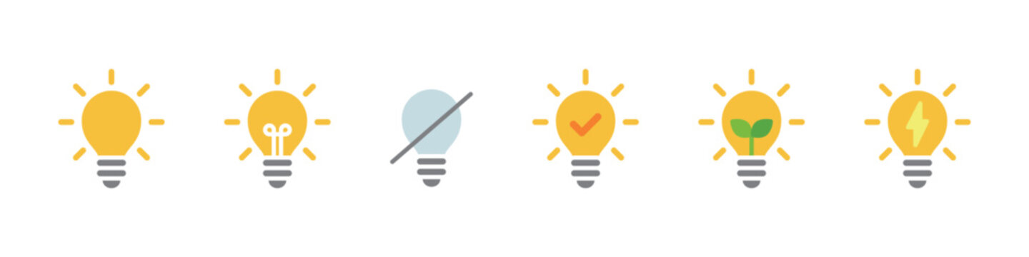 電球の点灯と消灯やエコとチェックマークのアイコンセット(ベクター)