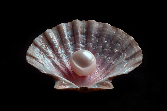 A shell with a round pearl sits on a dark surface. The shell has unique patterns and colors around the pearl