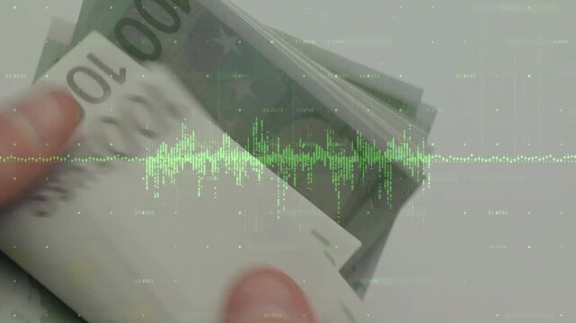 Thumbs pressing sleeve, hands pulling, fanning and tilting 100&euro; notes while green wave showing 100