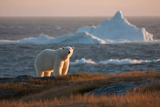 Polar bear looks around while standing on rocks near water with iceberg in the background during sunset