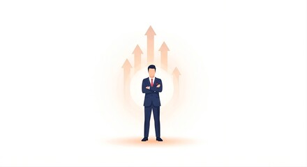 Flat illustration of confident businessman standing with crossed arms and upward arrows behind him, symbolizing business growth, leadership, success and career development.