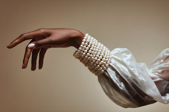 A hand is reaching out with multiple pearl bracelets on the wrist, set against a plain neutral backdrop