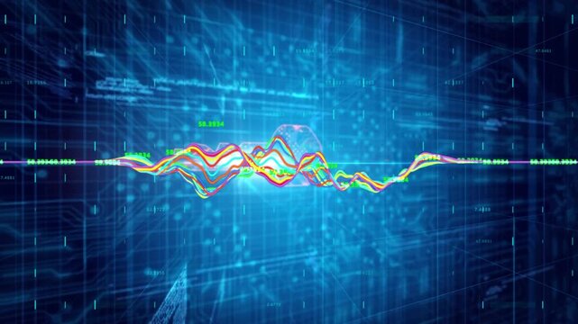 Central glow pulsing color wave moving right layering traces adding hexagons zooming showing data