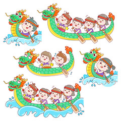 Obraz premium Cartoon kids in dragon boat fastival.