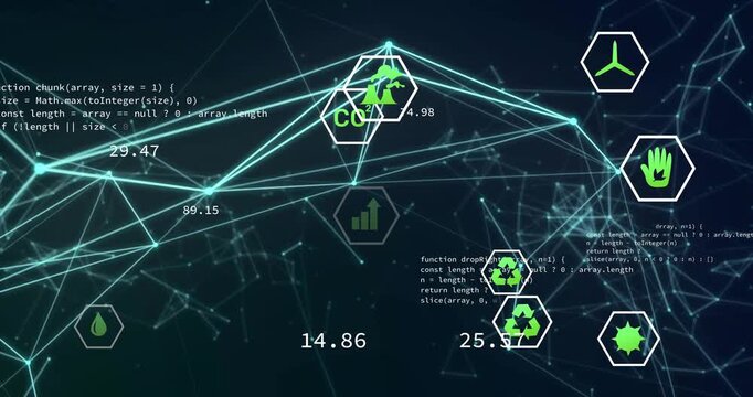 Cyan lines pulsing driving hex badges drifting, clustering, updating metrics showing CO2 trends