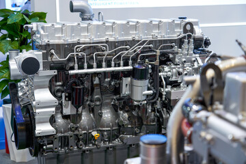 Close-up of internal combustion diesel engine used in large trucks