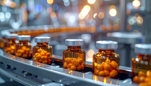 Amber glass jars filled with orange capsules on a conveyor belt in a pharmaceutical facility, symbolizing automation and efficiency in medicine packaging.