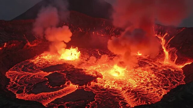 Lava erupts from volcano with bright colors and intense heat at night in an active landscape