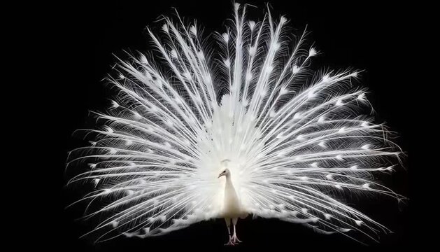 Majestic White Peacock Spreading Feathers with Full Tail Display Isolated on Black Background