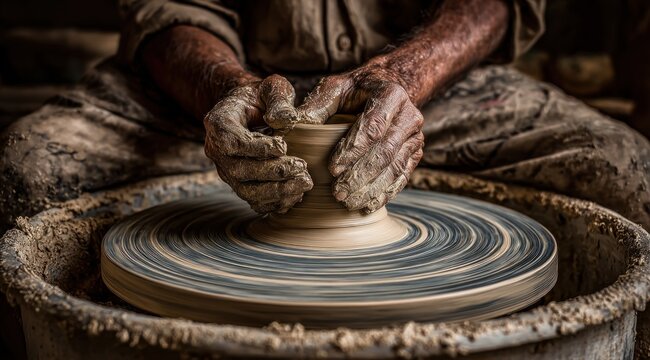 Hands shape wet clay on a spinning potters wheel in a workshop. The moment captures the skill and focus in creating pottery