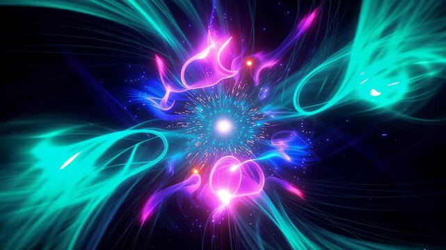 Colorful abstract explosion with vivid neon hues and rays spreading in all directions in a dark background