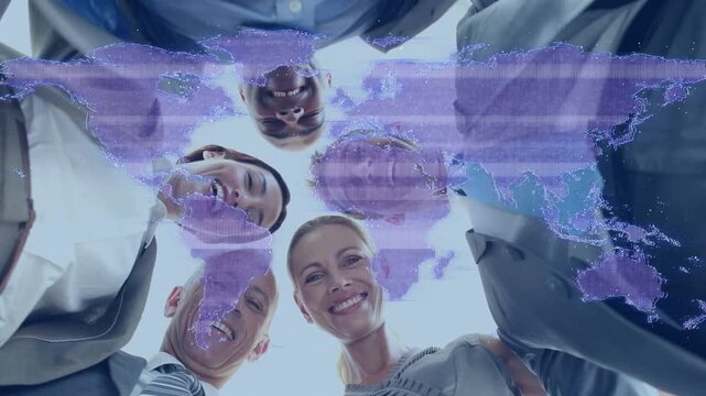 Camera below causing team leaning, purple world map overlay drifting over faces dotted for corp ad