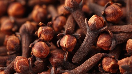 Fresh whole cloves fill the space with rich dark brown colors and strong textures, lit by soft daylight that highlights details