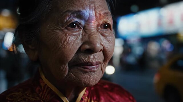 Close-up of an elderly Asian woman in city at night with urban light, wrinkles, wearing traditional red clothes.