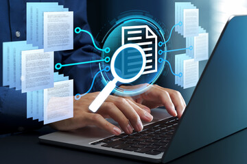 Document analytics and text mining. Automated text processing and analysis. Businessman using...