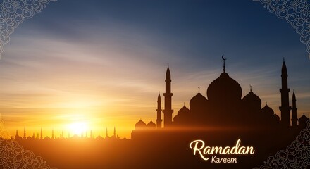 Ramadan Kareem Mosque Silhouette with Golden Sunrise Background