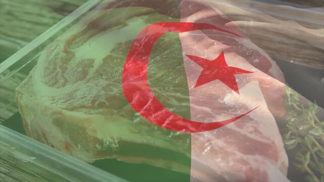 Raw meat in tray, Algerian flag overlay shifting hand entering nudging herbs repositioning for sale