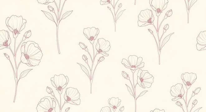 Delicate hand-drawn floral pattern with elegant botanical line art flowers in soft blush pink, perfect for vintage textiles, charming stationery, and decorative backgrounds