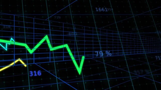 Receding grid initiating pan, neon green line chart spiking, dipping, recovering to show trend